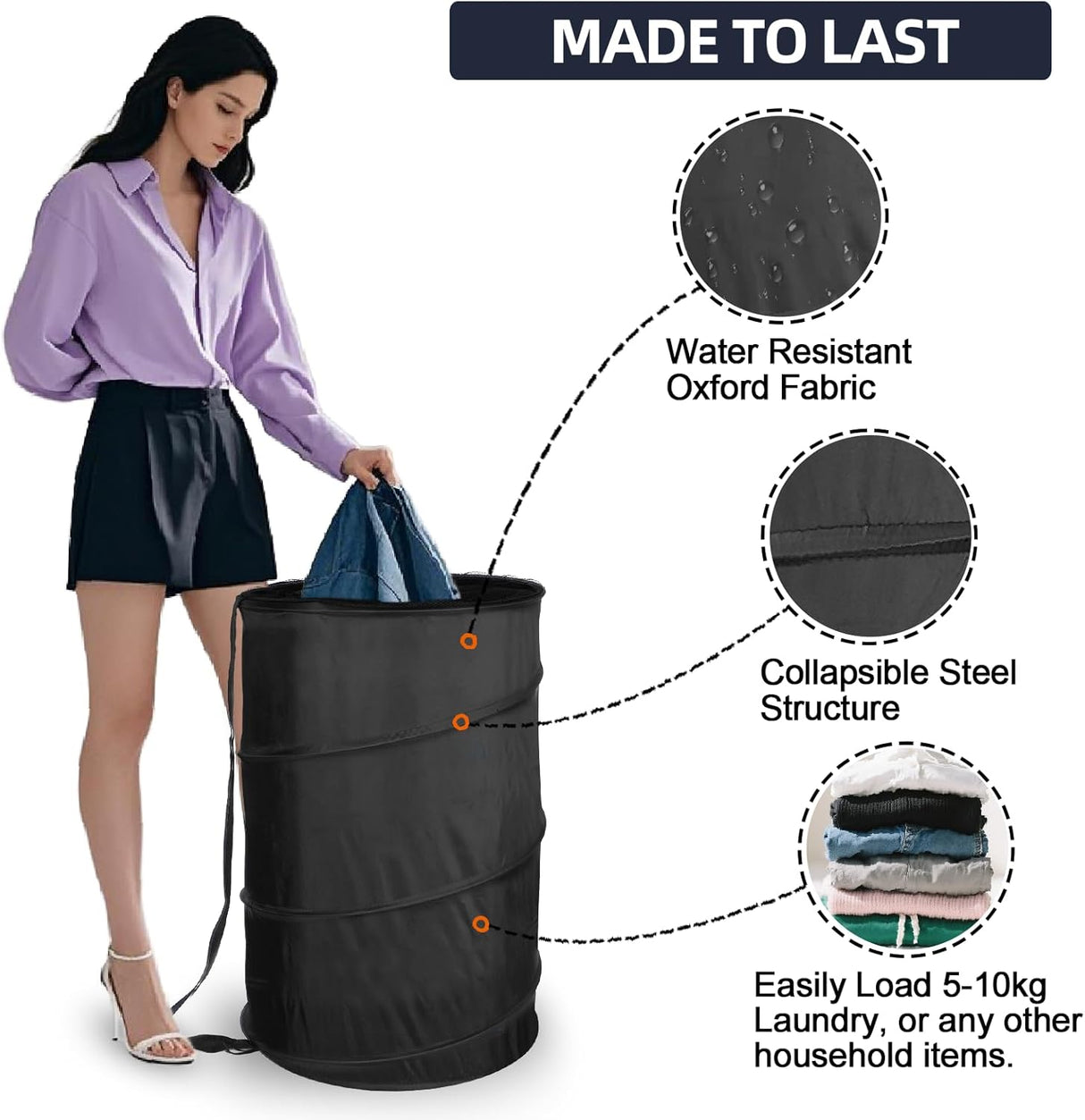 Extra Large 107L Strong Laundry Hamper 17.5" x 27" Collapsible Laundry Baskets with Long Straps Drawstring Barrel Foldable Hamper for Laundry Room, Bathroom, Campout, College Dorm or Travel