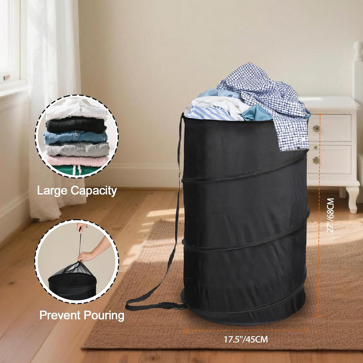 Extra Large 107L Strong Laundry Hamper 17.5" x 27" Collapsible Laundry Baskets with Long Straps Drawstring Barrel Foldable Hamper for Laundry Room, Bathroom, Campout, College Dorm or Travel