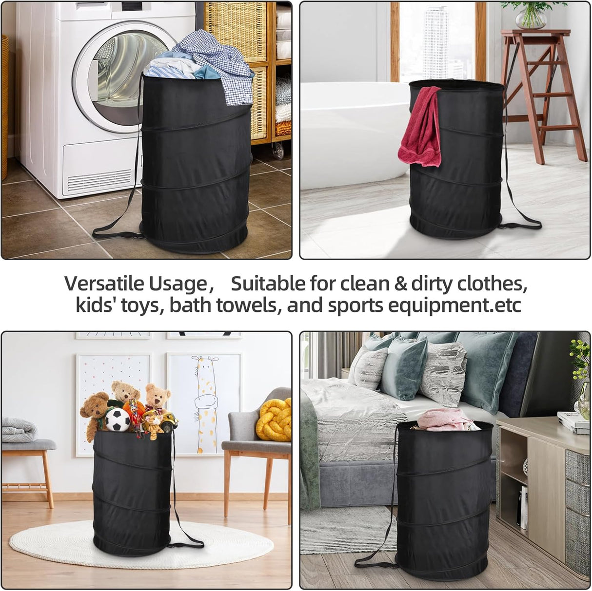 Extra Large 107L Strong Laundry Hamper 17.5" x 27" Collapsible Laundry Baskets with Long Straps Drawstring Barrel Foldable Hamper for Laundry Room, Bathroom, Campout, College Dorm or Travel