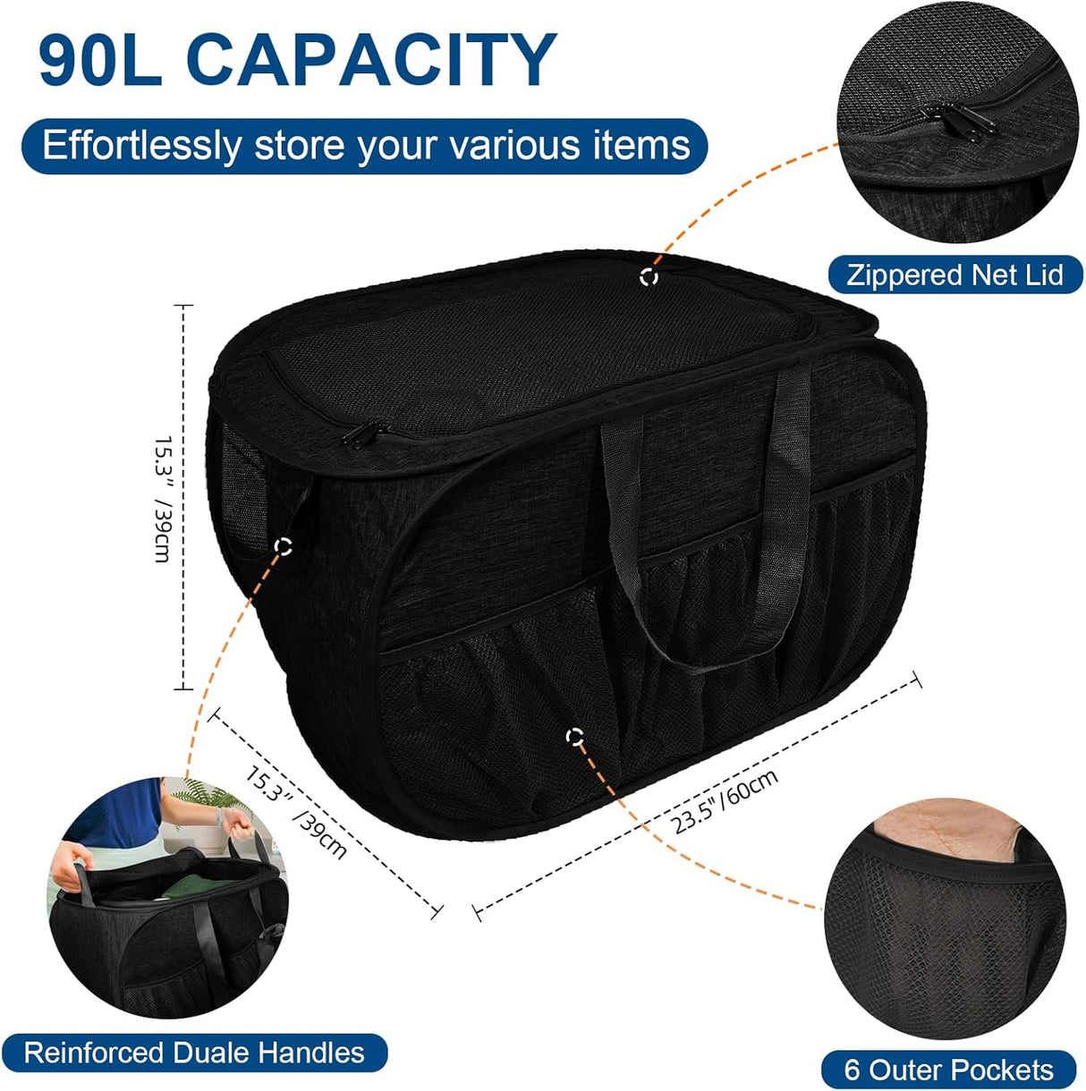 Collapsible Laundry Baskets, Tear Proof Pop Up Laundry Hamper with Lid, Dual Handles Durable Foldable Laundry Basket, Easy to Carry Laundry Hamper for Home, Laundry Room, Bedroom, Dorm, Travel Black