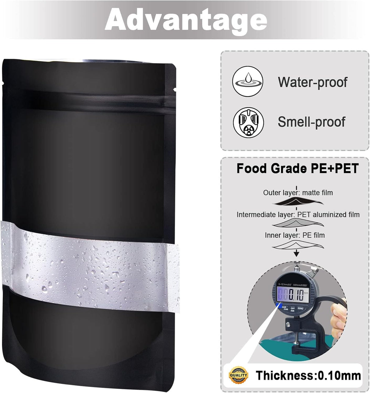 5.5"x7.8" 120pcs Mylar Bags for Food Storage,Smell Proof Bag with Matte Window Resealable Food Storage Bags for Small Business, Stand-up Foil Pouch Packaging Freeze Dried Candy Bag(Black)