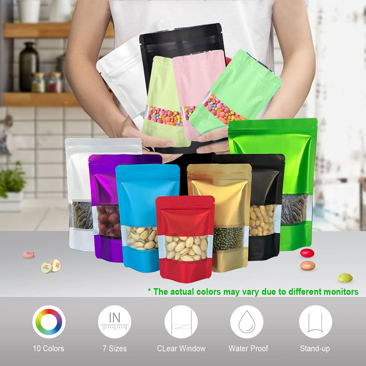 5.5"x7.8" 120pcs Mylar Bags for Food Storage,Smell Proof Bag with Matte Window Resealable Food Storage Bags for Small Business, Stand-up Foil Pouch Packaging Freeze Dried Candy Bag(Black)