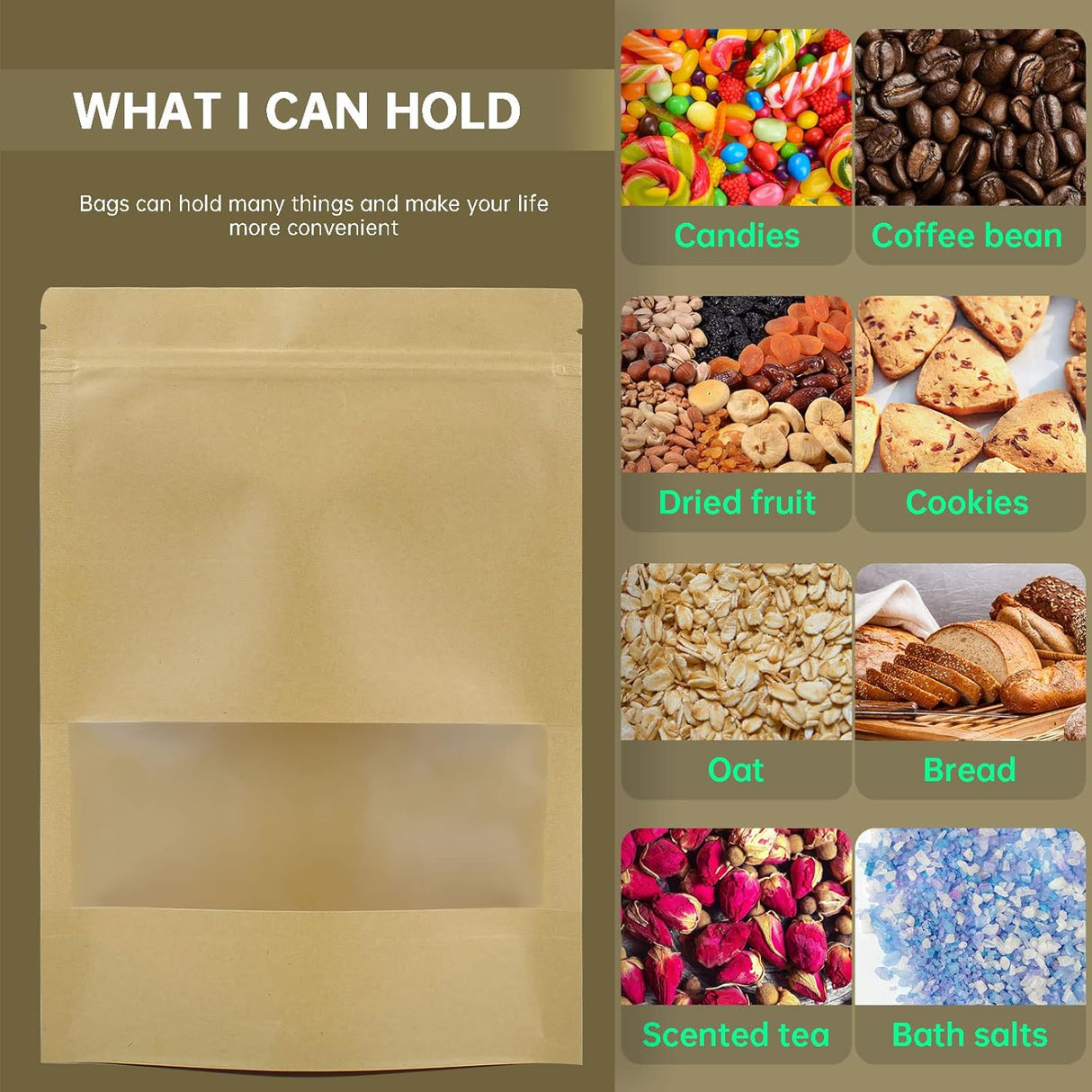 120pcs 4.7"x7.8" Kraft Bags with Window Zipper Lock Stand Up Bulk Pouches Resealable Bags, Smell Proof Mylar Bags for Food Storage, Stand-up Resealable Food Storage Bags with Clear Window