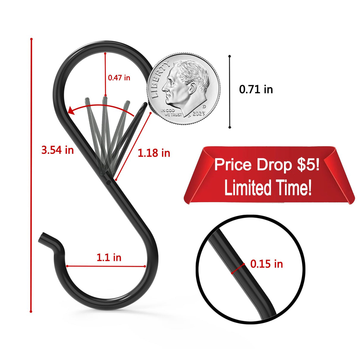 12 Pack Heavy Duty Metal 3.5" S Hooks with Safety Buckle for Hanging Kitchen Utensils/Plants/Pots & Pans/Clothes, Hats