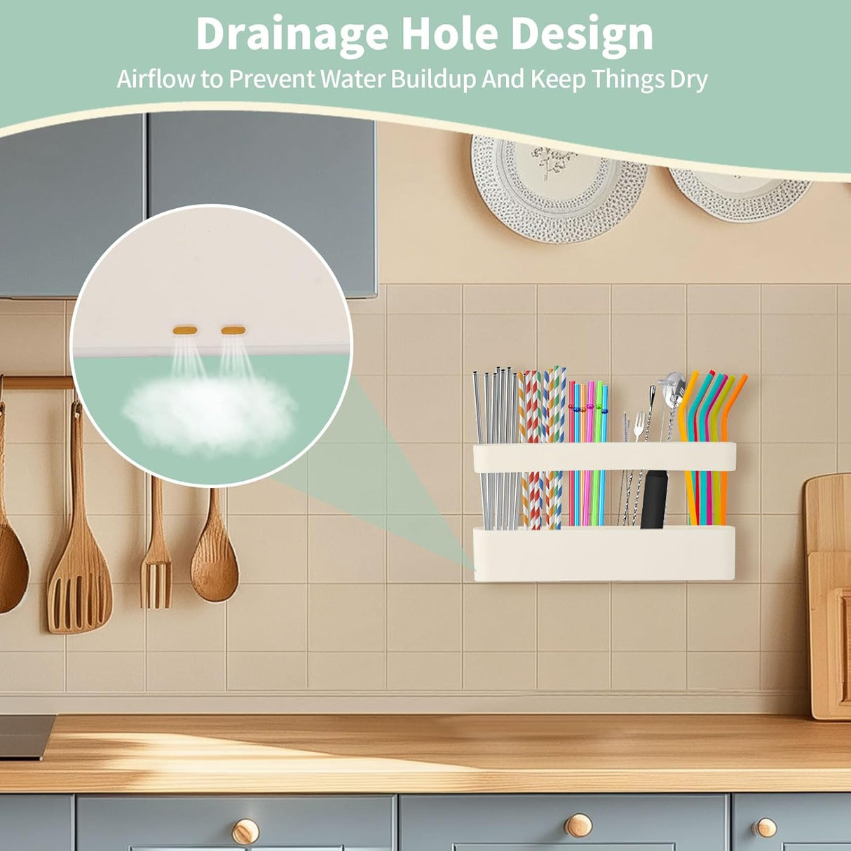 9.6'' Large Silicone Straw Holder for Cabinet Door, Space-Saving Straw Organizer Container with Adhesive Tape, Stylish Kitchen Organizers and Storage Accessories for Cabinet, Cupboard, Counter, RVs