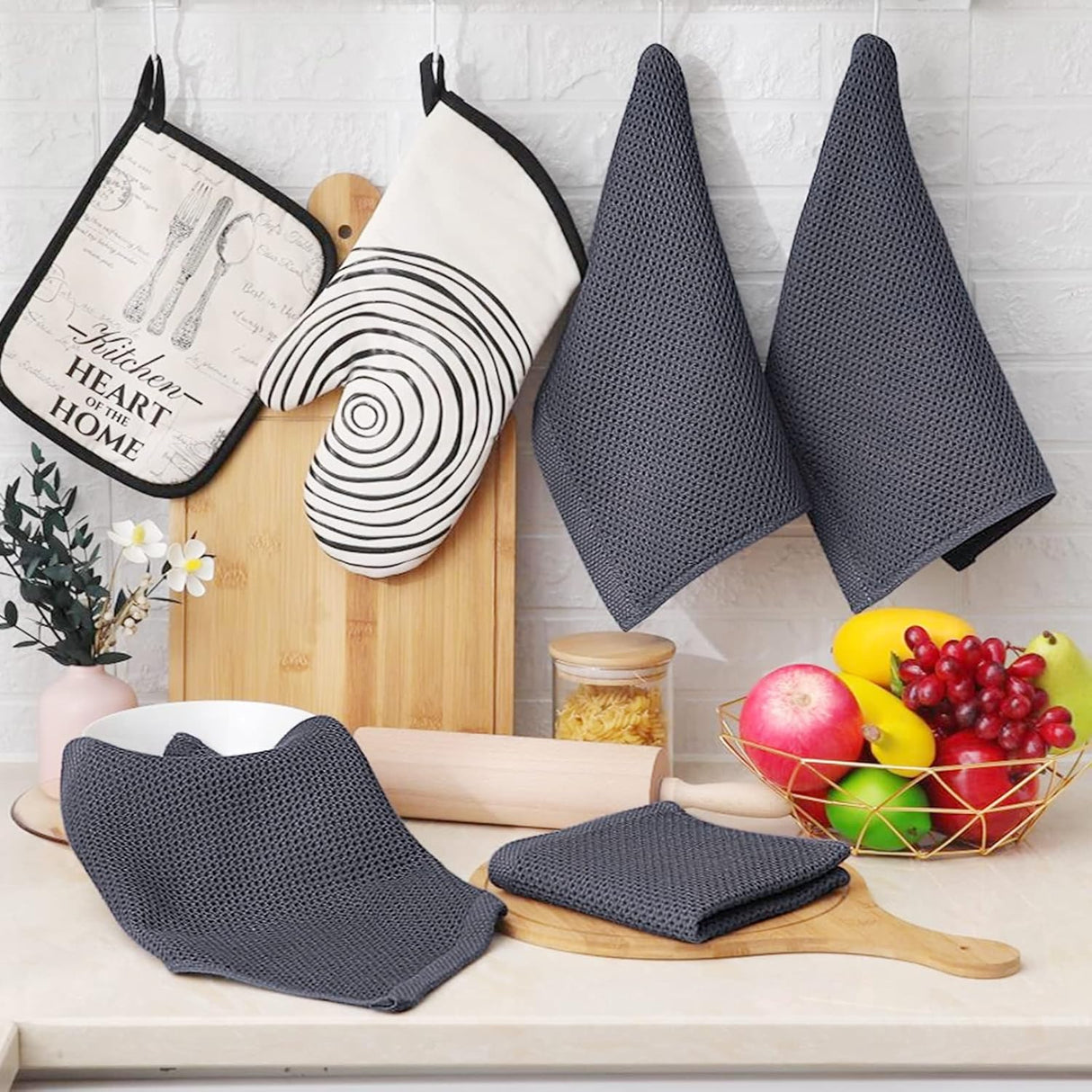 Homaxy 100% Cotton Waffle Weave Kitchen Dish Cloths, Ultra Soft Absorbent Quick Drying Dish Towels and 100% Cotton Kitchen Towels and Dishcloths Set(12 x 12 & 15 x 25 Inches, Set of 8 Bulk)