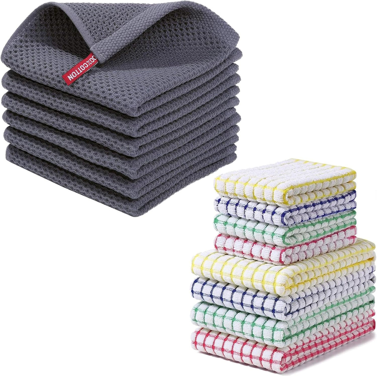Homaxy 100% Cotton Waffle Weave Kitchen Dish Cloths (12 x 12 Inches, 6-Pack, Dark Grey), Kitchen Towels and Dishcloths Set( 16 x 25 and 12 x 12 Inches, 8-Pack, Blue/Yellow/Red/Green)