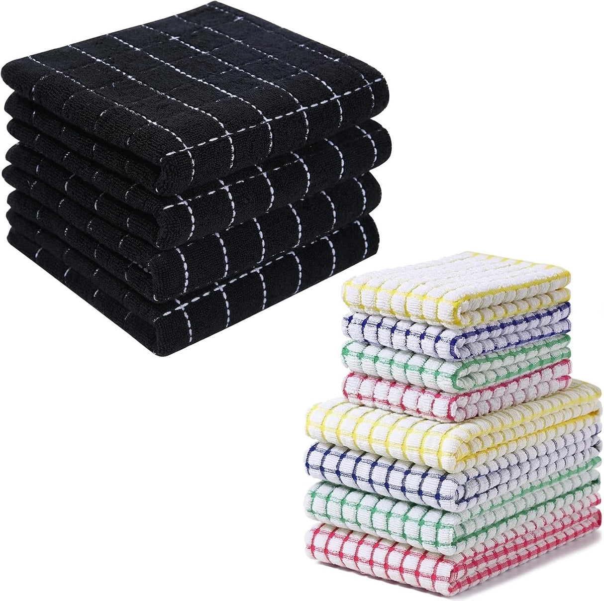 Homaxy 100% Cotton Terry Kitchen Towels(13 x 28 inches, 4 Pack, Black), Kitchen Towels and Dishcloths Set (16 x 25 and 12 x 12 Inches, 8 Pack, Blue/Yellow/Red/Green)