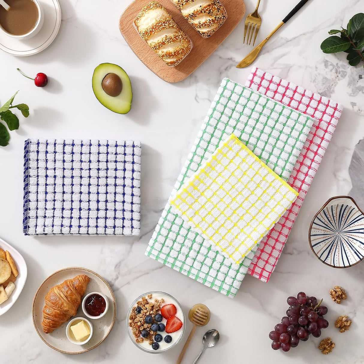 Homaxy 100% Cotton Terry Kitchen Towels(13 x 28 inches, 4 Pack, Black), Kitchen Towels and Dishcloths Set (16 x 25 and 12 x 12 Inches, 8 Pack, Blue/Yellow/Red/Green)