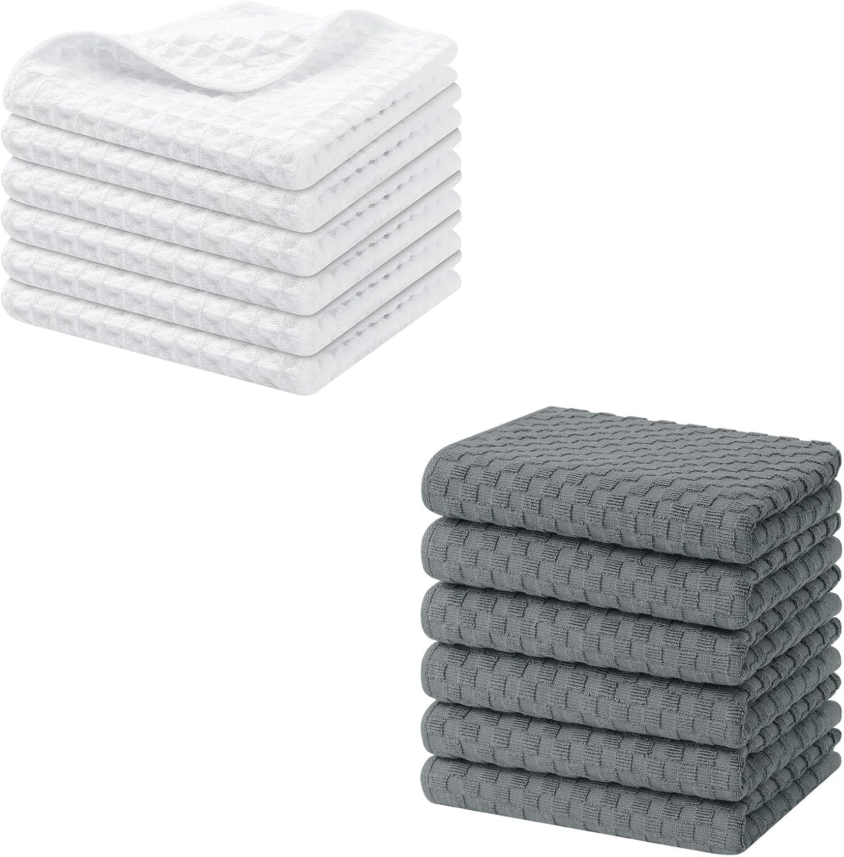 Homaxy Microfiber Waffle Weave Kitchen Dish Cloths(6 Pack, White), 12 x 12 Inch Ultra Absorbent and Terry Kitchen Towels(15" x 25", 6 Pack, Dark Grey)