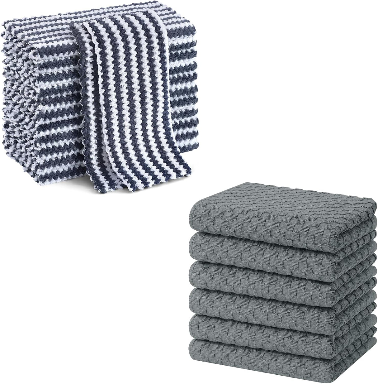 Homaxy 12 Pack Kitchen Dish Cloths(10 x 10 inches, Dark Grey), Reusable Fast Drying Microfiber Cleaning Cloth and Terry Kitchen Towels(15" x 25", 6 Pack, Dark Grey)