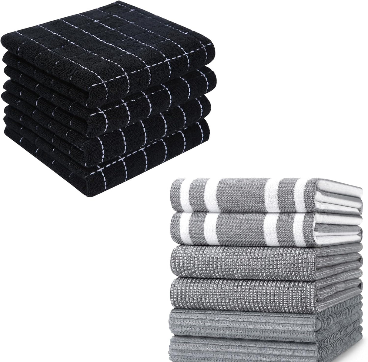 Homaxy 100% Cotton Terry Kitchen Towels(Black, 13 x 28 inches), 4 Pack and Premium Kitchen Towels(18”x 28”, 6 Pack), Grey