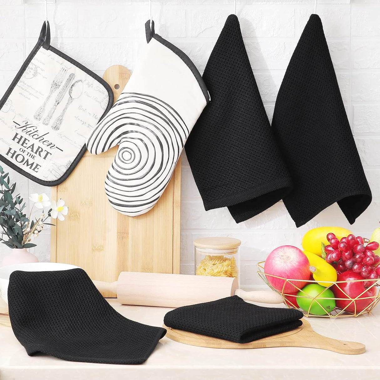 Homaxy 100% Cotton Waffle Weave Kitchen Dish Cloths, 12x12 Inches, 6-Pack, Black Kitchen Towels and Dishcloths Set, Black & Grey