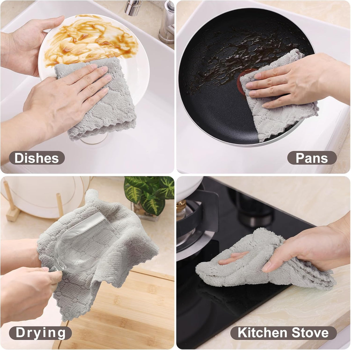 Homaxy 12 Pack Kitchen Dish Cloths (10 x 10 Inches, Grey) Kitchen Towels and Dishcloths Set, 12 x 12 and 13 x 28 Inches White & Black