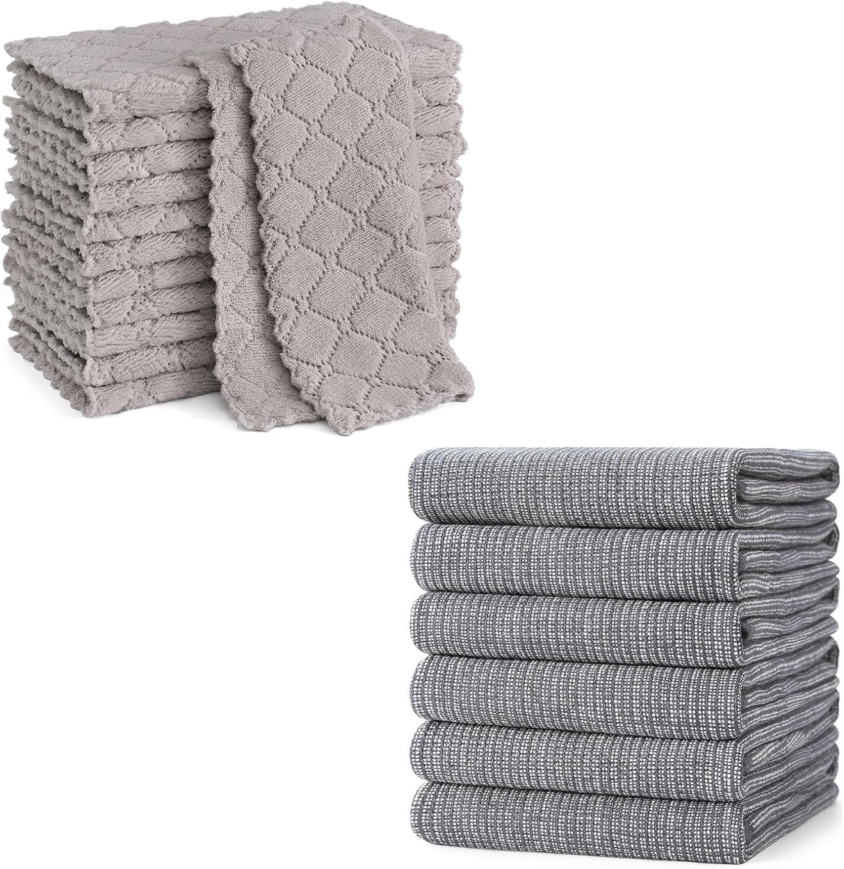 Homaxy 12 Pack Kitchen Dish Cloths (10 x 10 Inches, Grey) and Large Cotton Kitchen Hand Towels(18”x 28”, 6 Pack), Flat and Terry Dish Towels