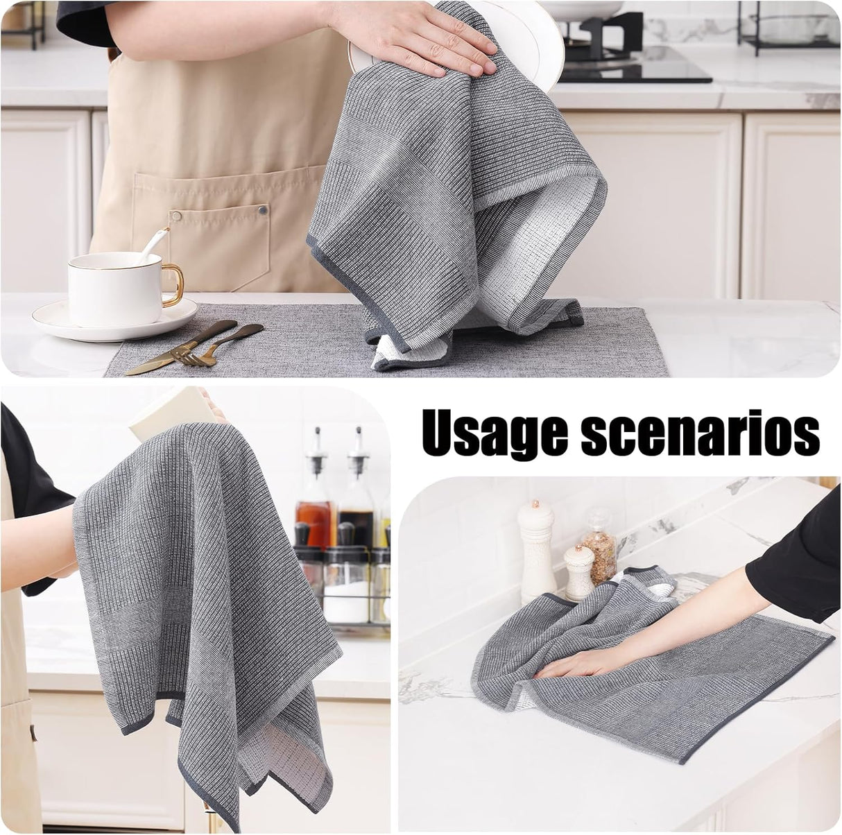 Homaxy Kitchen Towels and Dishcloths Set, 12 x 12 Inches and 18 x 28 Inches, Set of 12 Bulk Cotton Kitchen Towels Set, Ultra Soft Absorbent Dish Towels for Washing Dishes, Grey & White