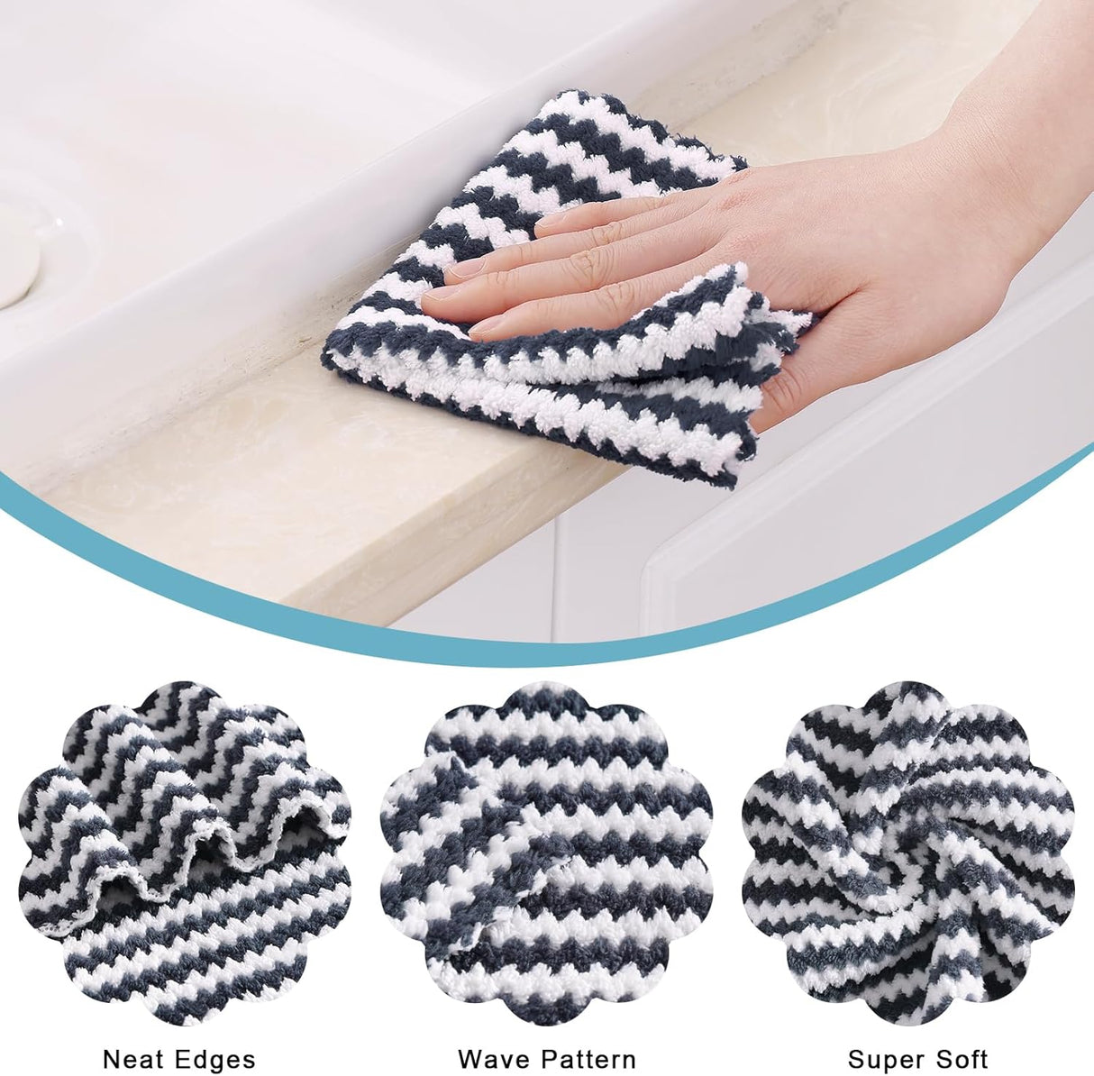 Homaxy 12 Pack Coral Velvet Wave Design Lint Free Kitchen Dish Cloths(10 x 10 inches) and Large Cotton Kitchen Hand Towels(18”x 28”, 6 Pack), Flat and Terry Dish Towels