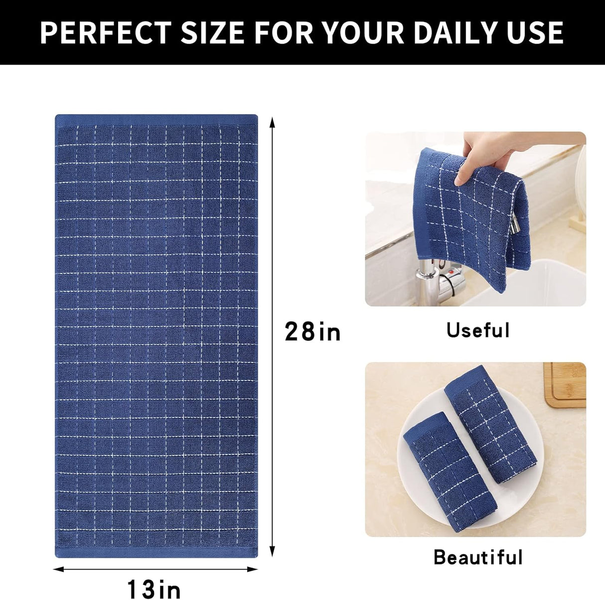 Homaxy Kitchen Towels Set, 13 x 28 inches and12 x 12 Inches, Set of 10 Bulk Cotton Kitchen Towels Set, Ultra Soft Absorbent Dish Towels for Washing Dishes, Navy Blue & White