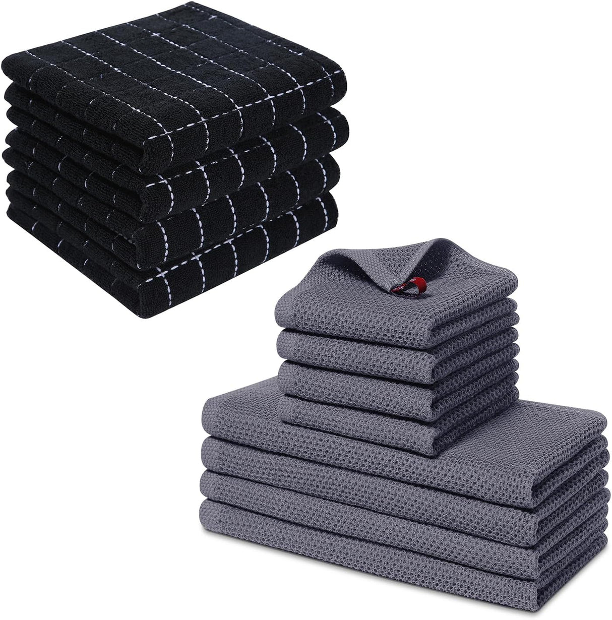 Homaxy 100% Cotton Kitchen Towels and Dishcloths Set(Dark Grey, 8-Pack) and Terry Kitchen Towels(Black, 13 x 28 inches, 4 Pack), Checkered Designed, Ultra Soft Absorbent Dish Towels