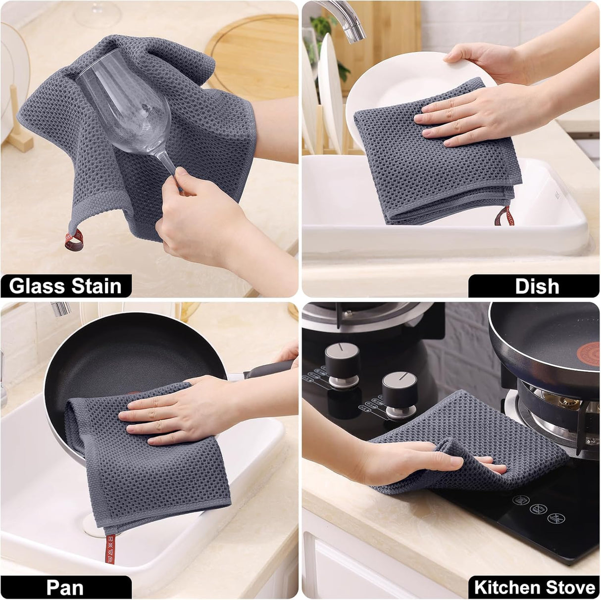 Homaxy 100% Cotton Kitchen Towels and Dishcloths Set(Dark Grey, 8-Pack) and Terry Kitchen Towels(Black, 13 x 28 inches, 4 Pack), Checkered Designed, Ultra Soft Absorbent Dish Towels