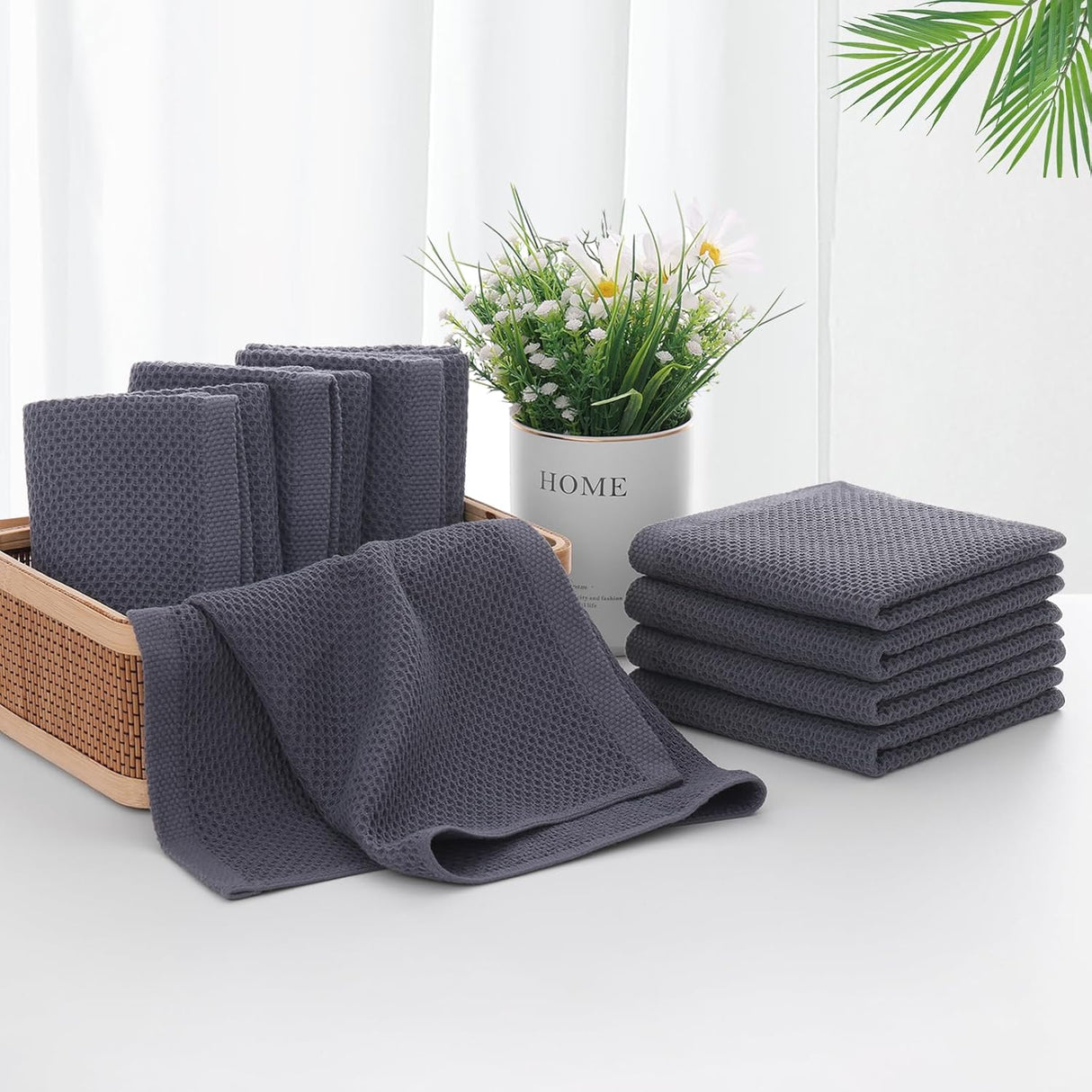Homaxy 100% Cotton Kitchen Towels and Dishcloths Set(Dark Grey, 8-Pack) and Terry Kitchen Towels(Black, 13 x 28 inches, 4 Pack), Checkered Designed, Ultra Soft Absorbent Dish Towels