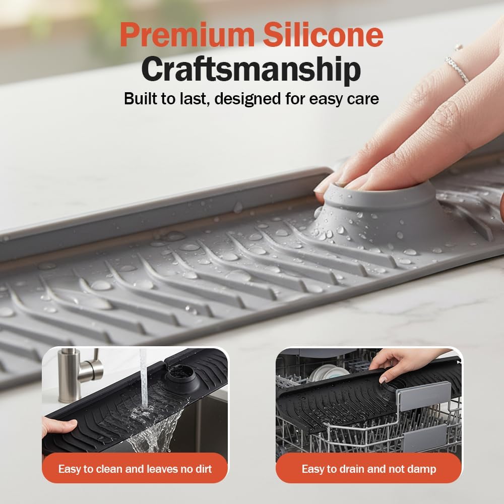 Kitchen Sink Faucet Mat, 30in Extra Long Foldable Silicone Faucet Guard & Splash Guard, 2026 Multi-Functional Draining Mat to Keep Countertops Dry, Protect Backsplash from Splash (Grey)