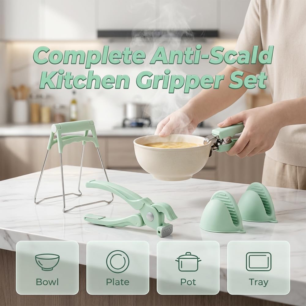 4-Piece Hot Plate Gripper Set, Anti-Scalding Kitchen Bowl Gripper with Silicone Pads, Stainless Steel Clips & Mini Gloves, Holder Tongs for Microwave, Air Fryer, Oven, Steamer (Green)