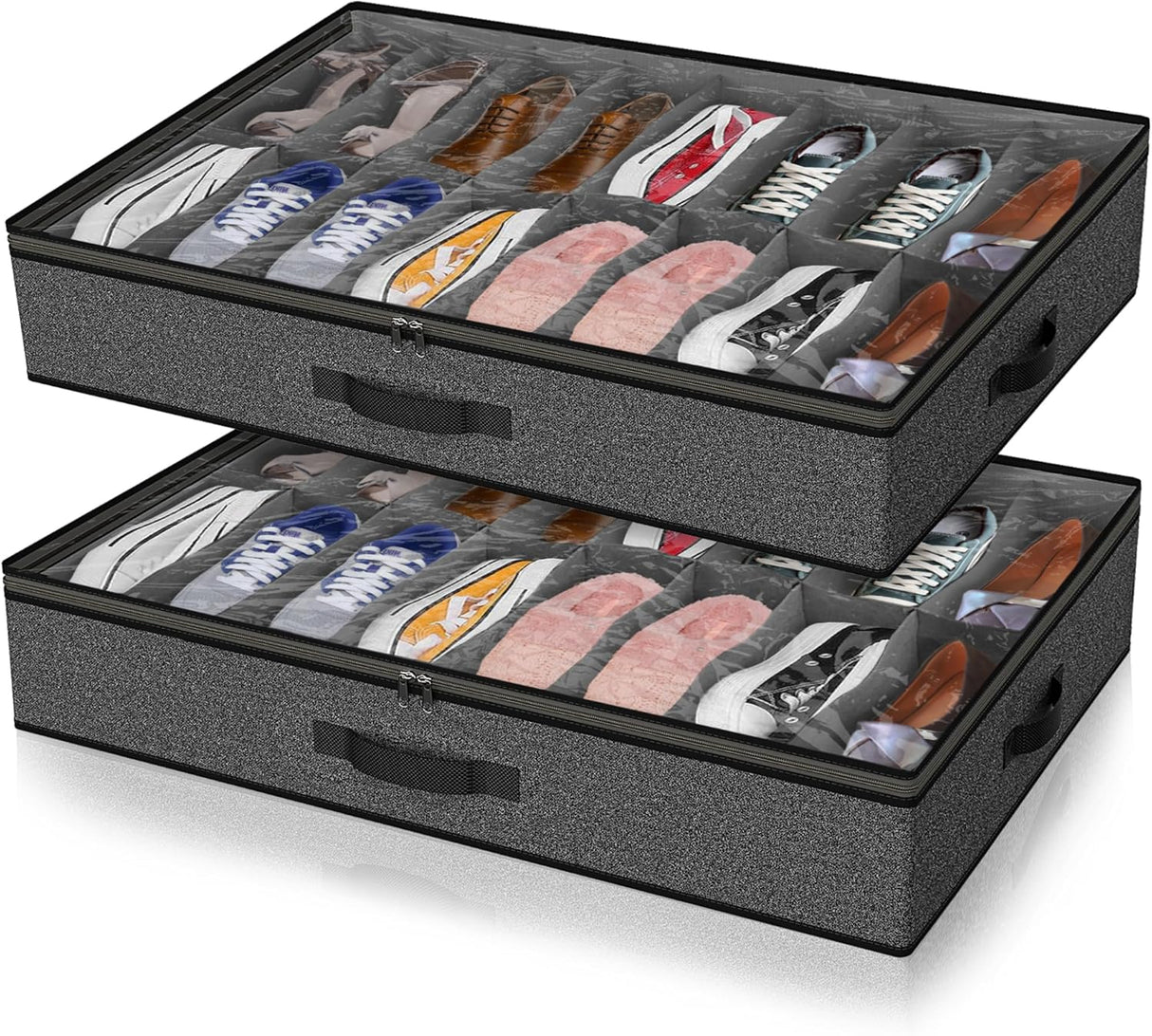Under Bed Shoe Storage Organizer for Closet, Fits 32 Pairs Underbed Shoes Box Storage Containers Under the Bed Storage Foldable with Sturdy Handles&Clear Window for College Dorms Grey, Set of 2