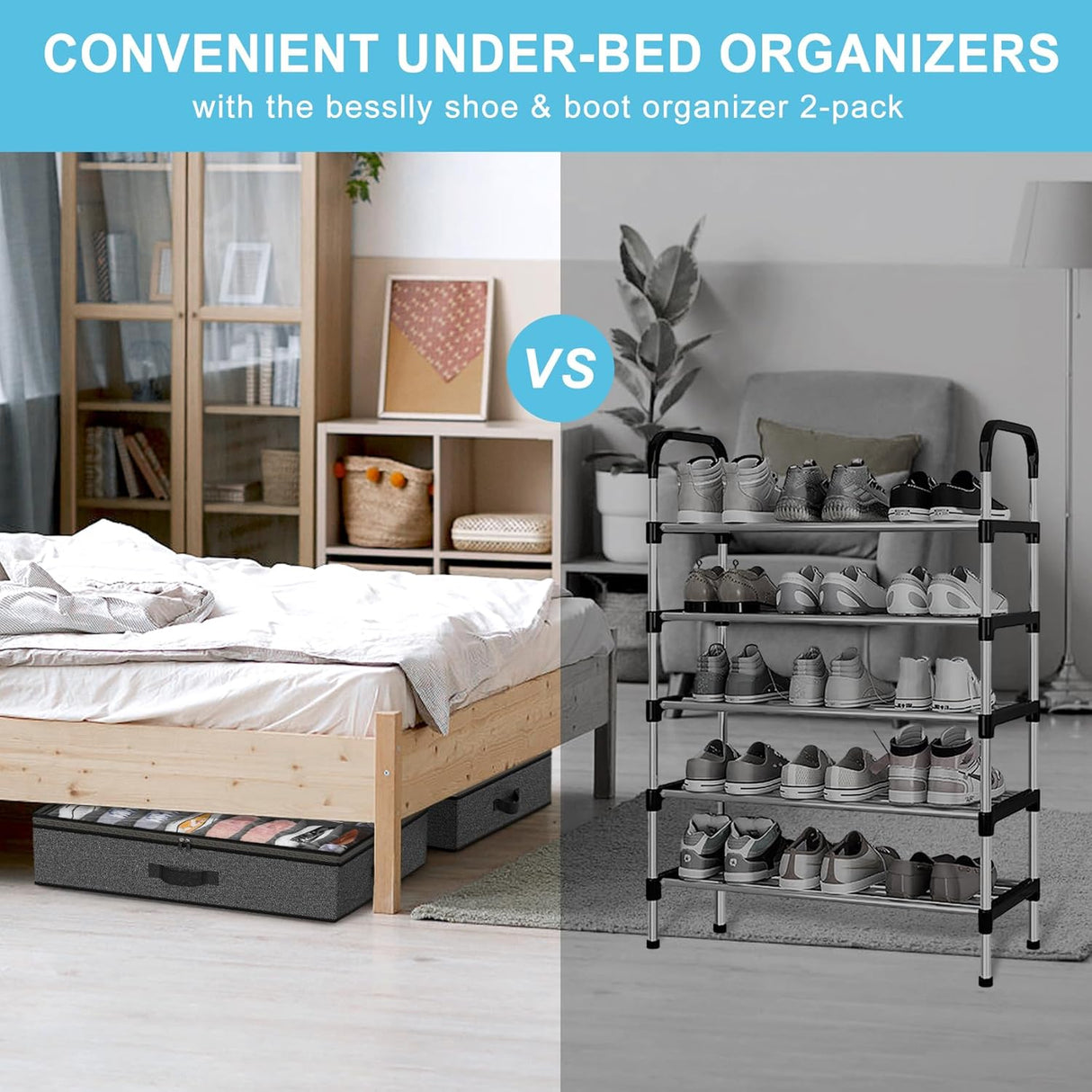 Under Bed Shoe Storage Organizer for Closet, Fits 32 Pairs Underbed Shoes Box Storage Containers Under the Bed Storage Foldable with Sturdy Handles&Clear Window for College Dorms Grey, Set of 2