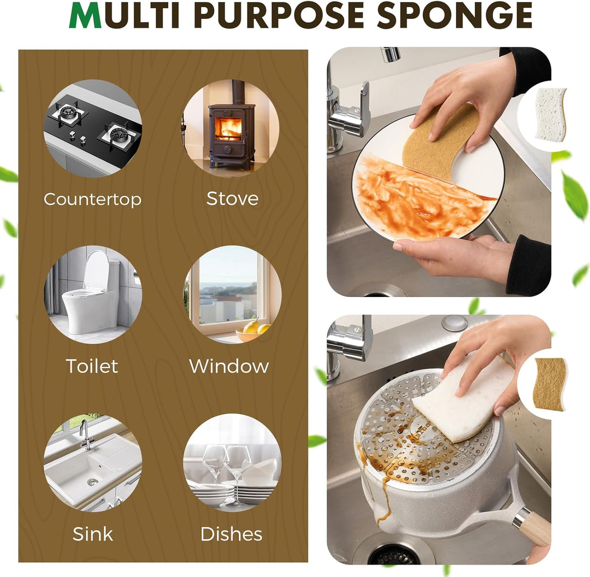 12 Pack Natural Biodegradable Kitchen Non Scratch Sponges,Compostable Plant Based Coconut Cellulose Sponge,Eco Friendly Reusable Dish Scrubber Sponge for Pots, Pans & Household Cleaning