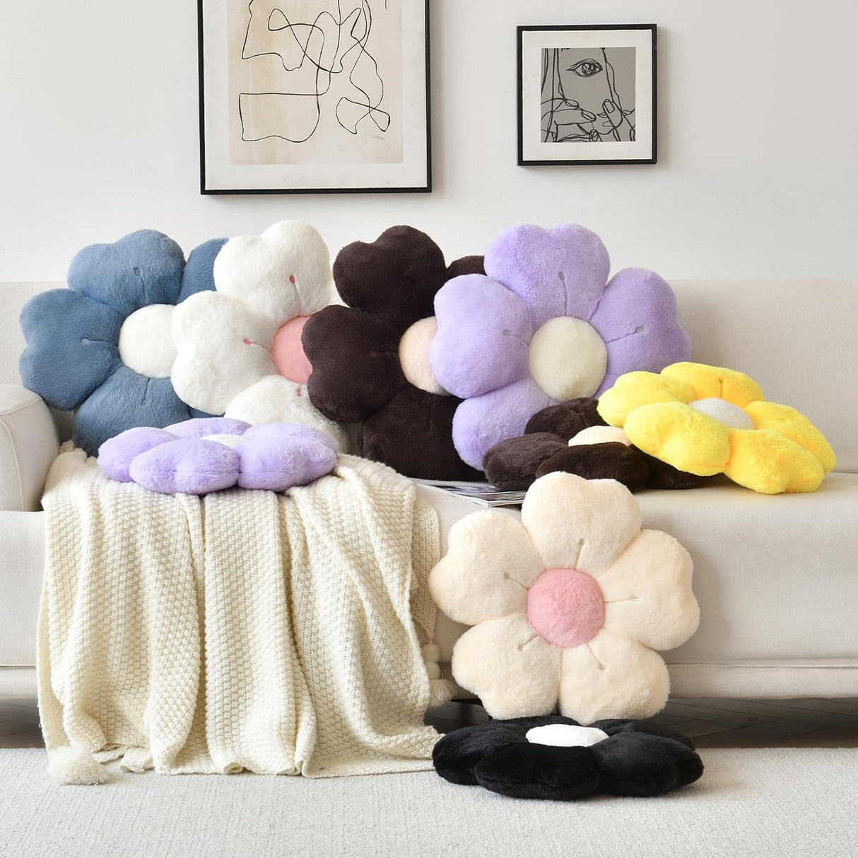 Flower Shaped Pillow, Cute Decorative Throw Pillow with Soft Artificial Rabbit Fur for Couch Bed Chair Floor, Flower Pillows Seating Cushions with Room Décor for Bedroom Living Room (14.9" Lavender)