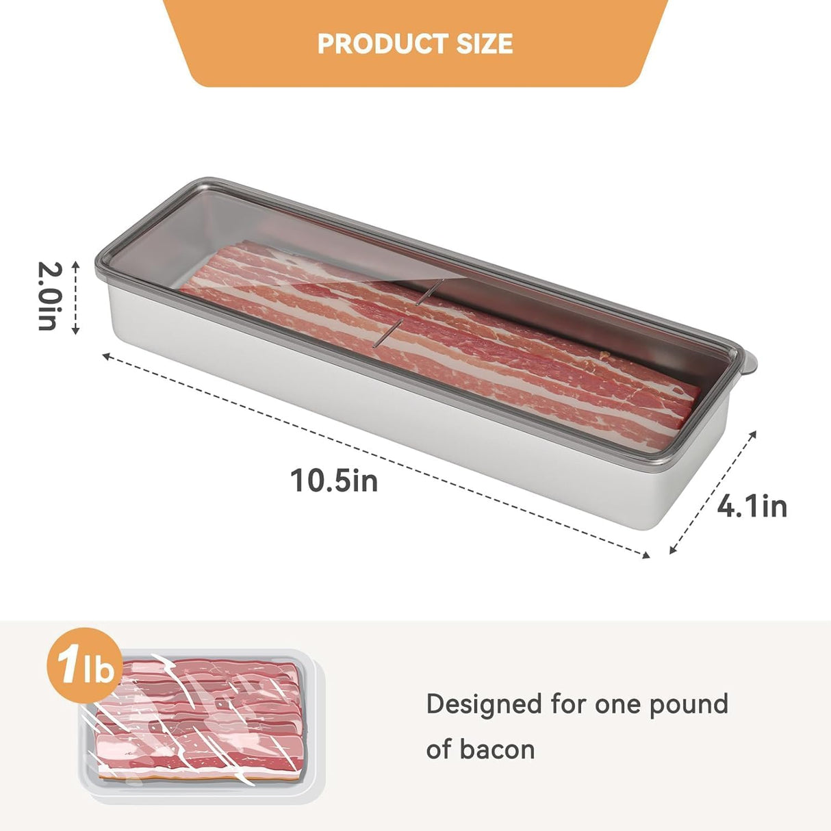 Bacon Container for Refrigerator, 1 Pack 304 Stainless Steel Airtight Deli Meat Storage Container for Fridge Dishwasher Safe Long Kitchen Food Storage Containers with Lids with Elevated Base