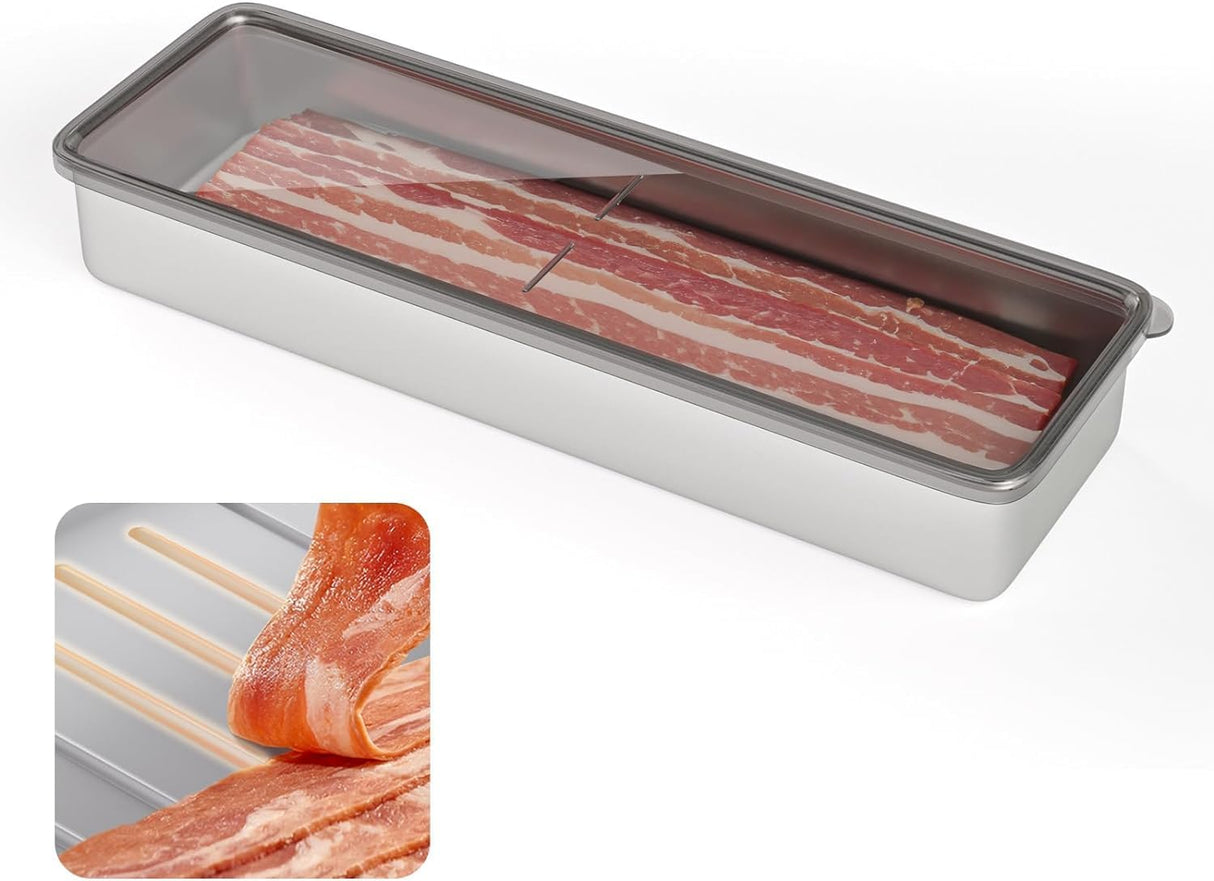 Bacon Container for Refrigerator, 1 Pack 304 Stainless Steel Airtight Deli Meat Storage Container for Fridge Dishwasher Safe Long Kitchen Food Storage Containers with Lids with Elevated Base