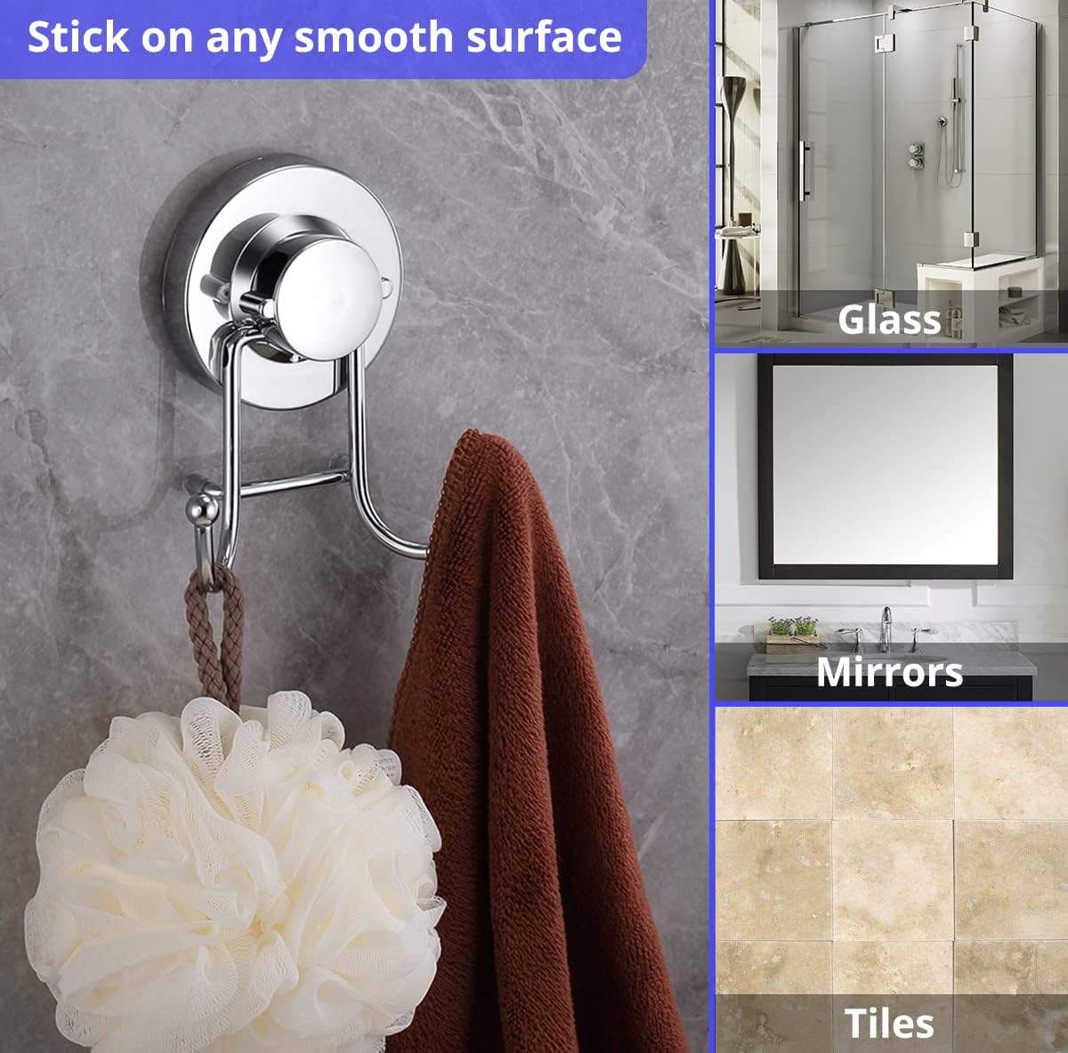 Suction Cup Hooks for Shower, Bathroom, Kitchen, Glass Door, Mirror, Tile – Loofah, Towel, Coat, Bath Robe Hook Holder for Hanging up to 15 lbs – Rustproof Chrome Stainless Steel (2-Pack)