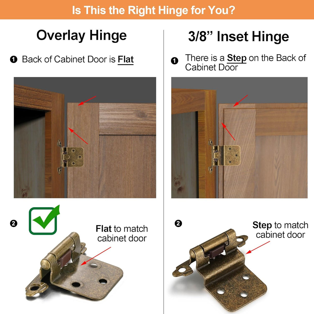 10 Pack (5 Pair) Antique Brass Self Closing Cabinet Hinges for Kitchen Cabinet Door, 1/2" Overlay (Variable) Semi Concealed Kitchen Cabinet Hinges