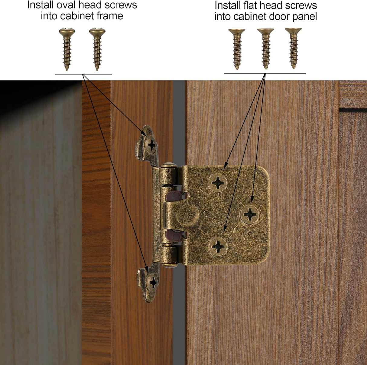 10 Pack (5 Pair) Antique Brass Self Closing Cabinet Hinges for Kitchen Cabinet Door, 1/2" Overlay (Variable) Semi Concealed Kitchen Cabinet Hinges