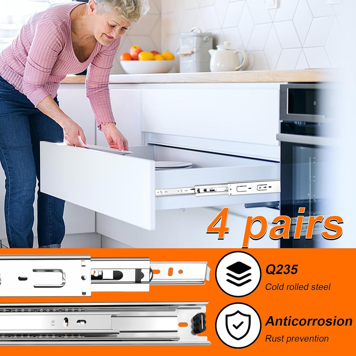 14 inch Drawer Slides 4 Pairs (8pcs) 3 fold Full Extension Side Mount Cabinet Drawer Glides 14" Silver Cabinet Rails for Dresser, Cabinet, Kitchen,Trash Can, Wardrobe 100 LB Capacity