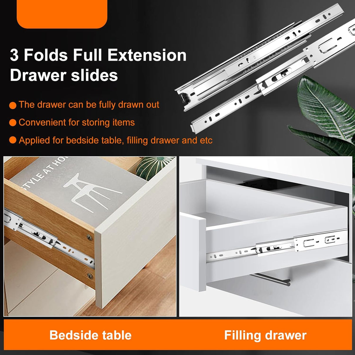 14 inch Drawer Slides 4 Pairs (8pcs) 3 fold Full Extension Side Mount Cabinet Drawer Glides 14" Silver Cabinet Rails for Dresser, Cabinet, Kitchen,Trash Can, Wardrobe 100 LB Capacity