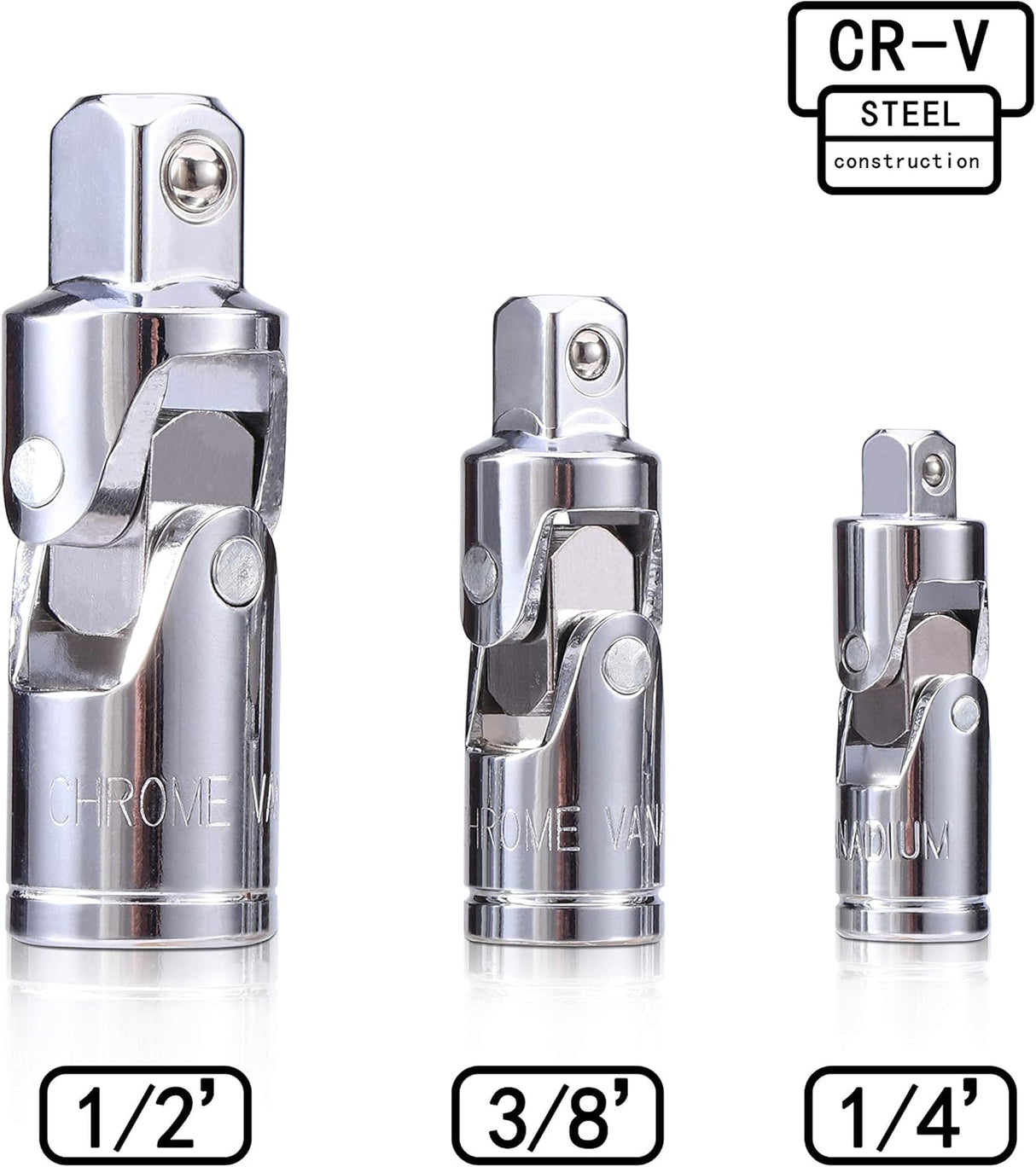 3PCS Universal Joint Socket Set, Chrome Vanadium Steel Swivel Socket Adapter Set, 1/4IN, 3/8IN, 1/2IN Drive Universal Joint Set