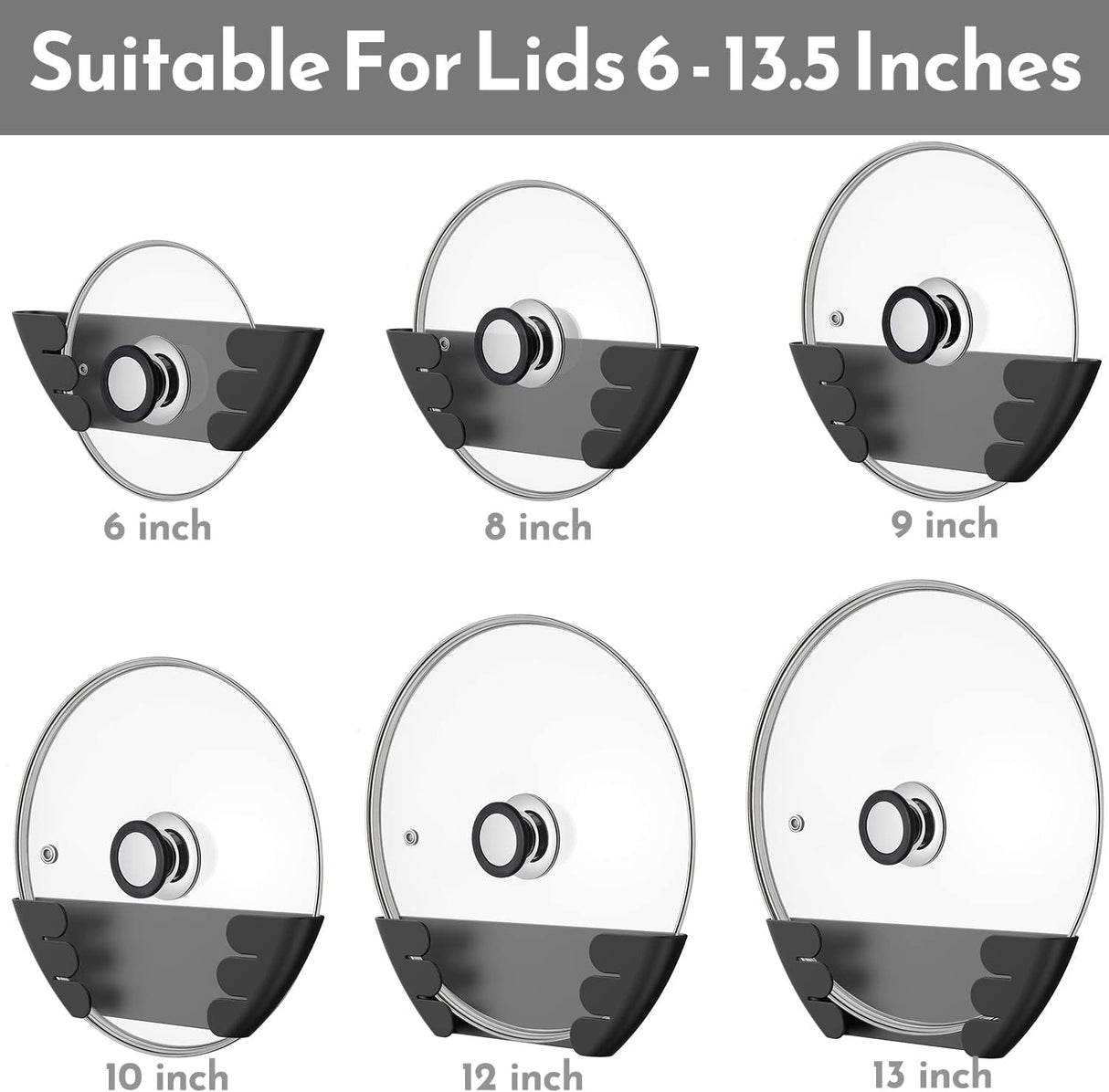 Universal Pot Lid Organizer for Cabinet - Upgraded Patented 6 Pack Pan Lids Organizers Inside Door Wall Mount Pots Top Storage Rack Holder Kitchen, Fits 6" to 13" (Black)