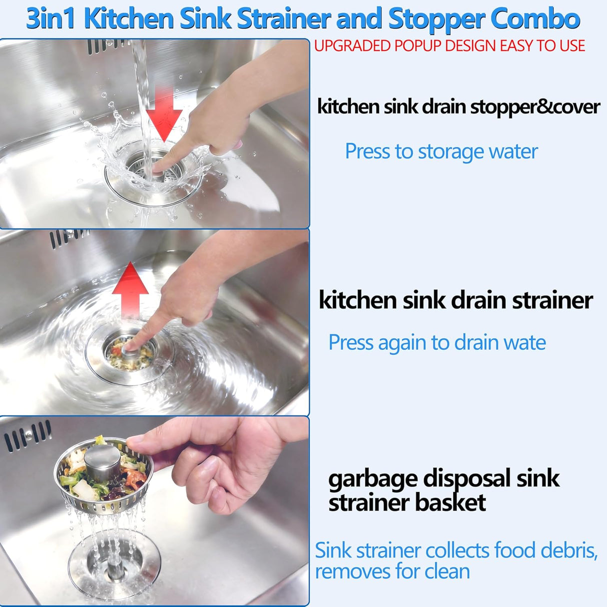 3-in-1 Kitchen Sink Drain Strainer Stopper, Upgraded Stainless Steel Sink Plug with Anti-Clog Filter Basket, Fits Standard 3-1/2 Inch Drain Hole, Pop Up Garbage Disposal Cover Food Catcher