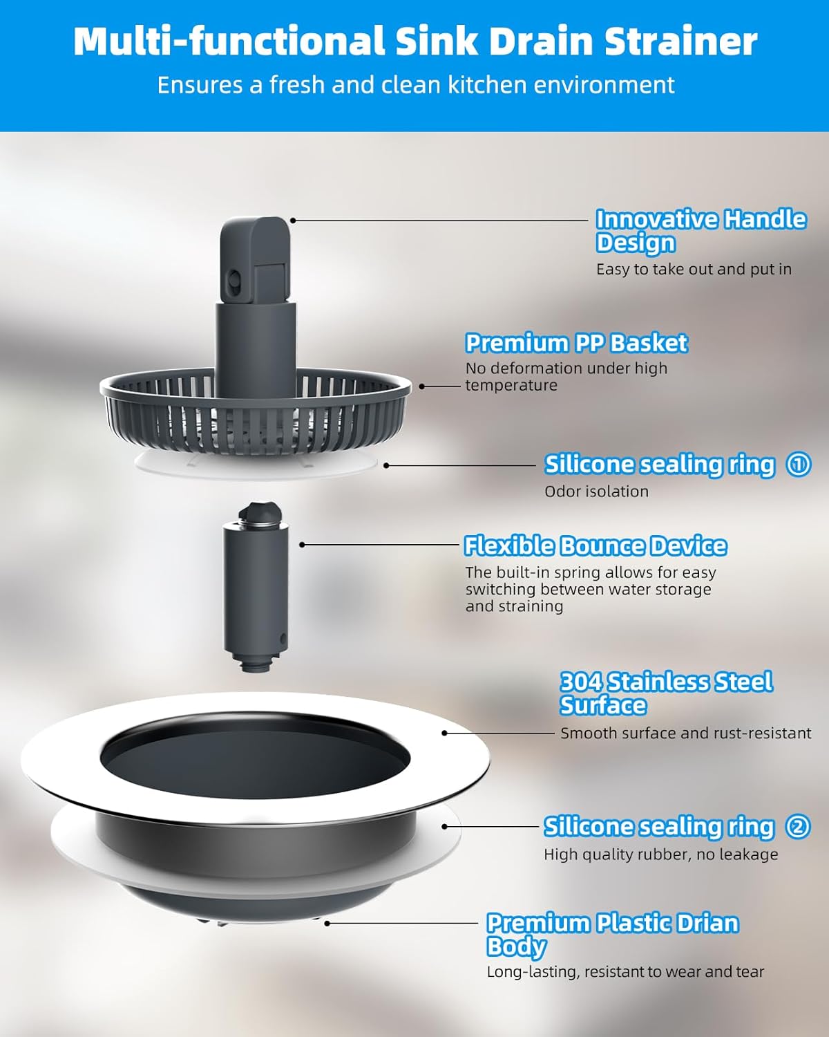 3 in 1 Kitchen Sink Drain Strainer and Stopper Combo, Chrome Stainless Steel Wraped Shell, Anti-Clogging Basket Strainer with Foldable Handle for US Standard 3-1/2" Drain