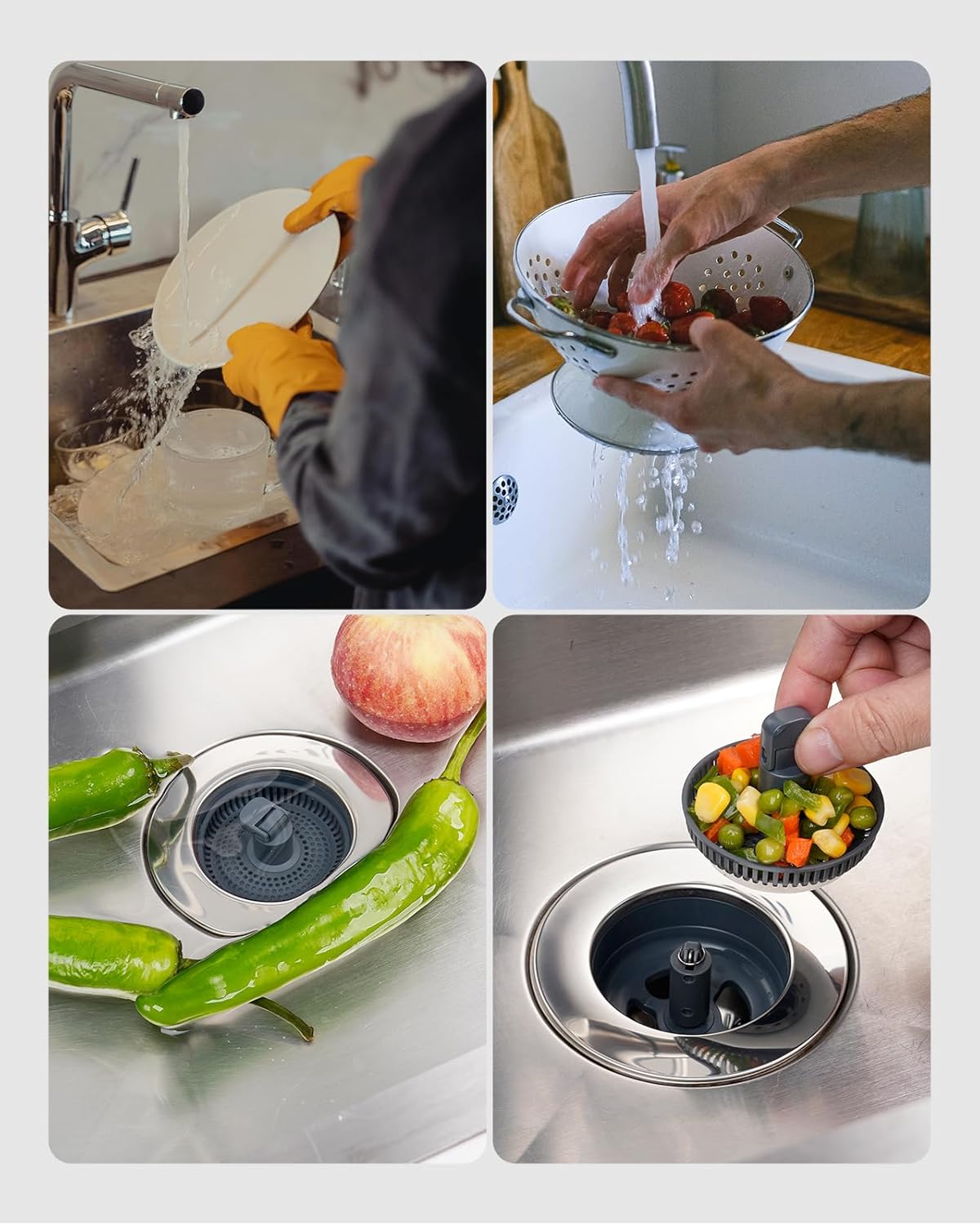 3 in 1 Kitchen Sink Drain Strainer and Stopper Combo, Chrome Stainless Steel Wraped Shell, Anti-Clogging Basket Strainer with Foldable Handle for US Standard 3-1/2" Drain