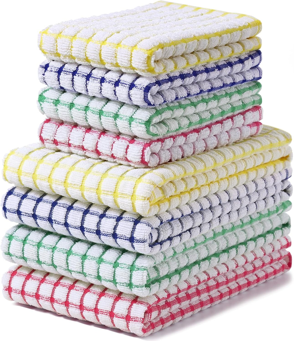 Kitchen Towels and Dishcloths Set, 16 x 25 and 12 x 12 Inches, Set of 8 Cotton Terry Kitchen Dish Towels, Super Soft and Absorbent Dish Cloths, Blue/Yellow/Red/Green