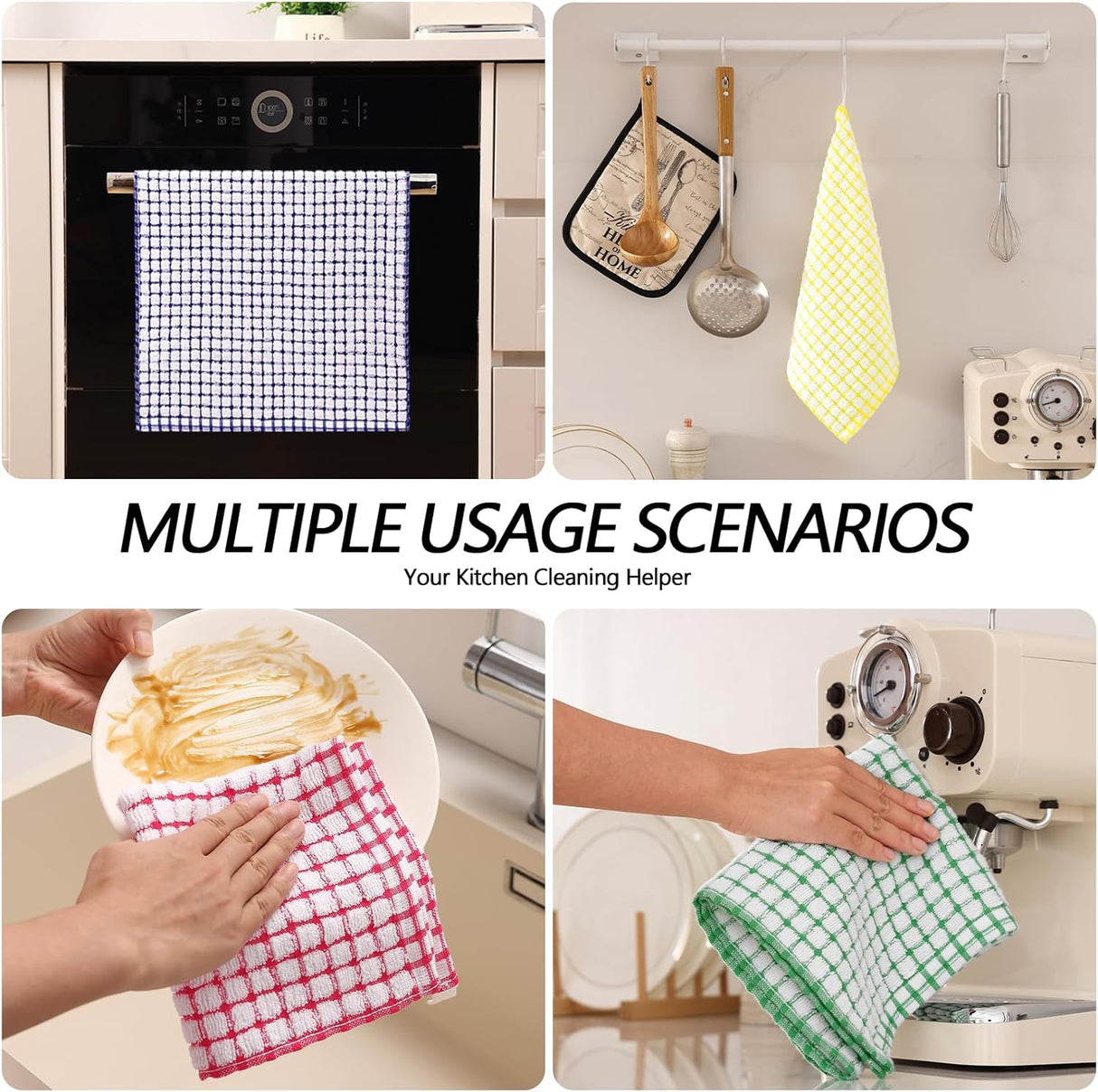 Kitchen Towels and Dishcloths Set, 16 x 25 and 12 x 12 Inches, Set of 8 Cotton Terry Kitchen Dish Towels, Super Soft and Absorbent Dish Cloths, Blue/Yellow/Red/Green