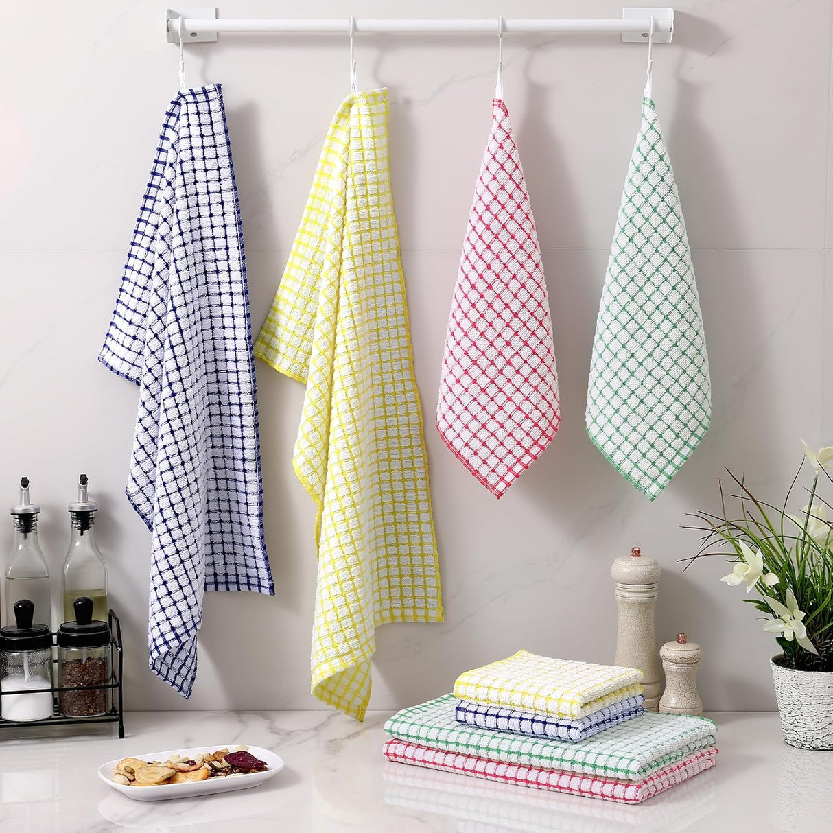 Kitchen Towels and Dishcloths Set, 16 x 25 and 12 x 12 Inches, Set of 8 Cotton Terry Kitchen Dish Towels, Super Soft and Absorbent Dish Cloths, Blue/Yellow/Red/Green