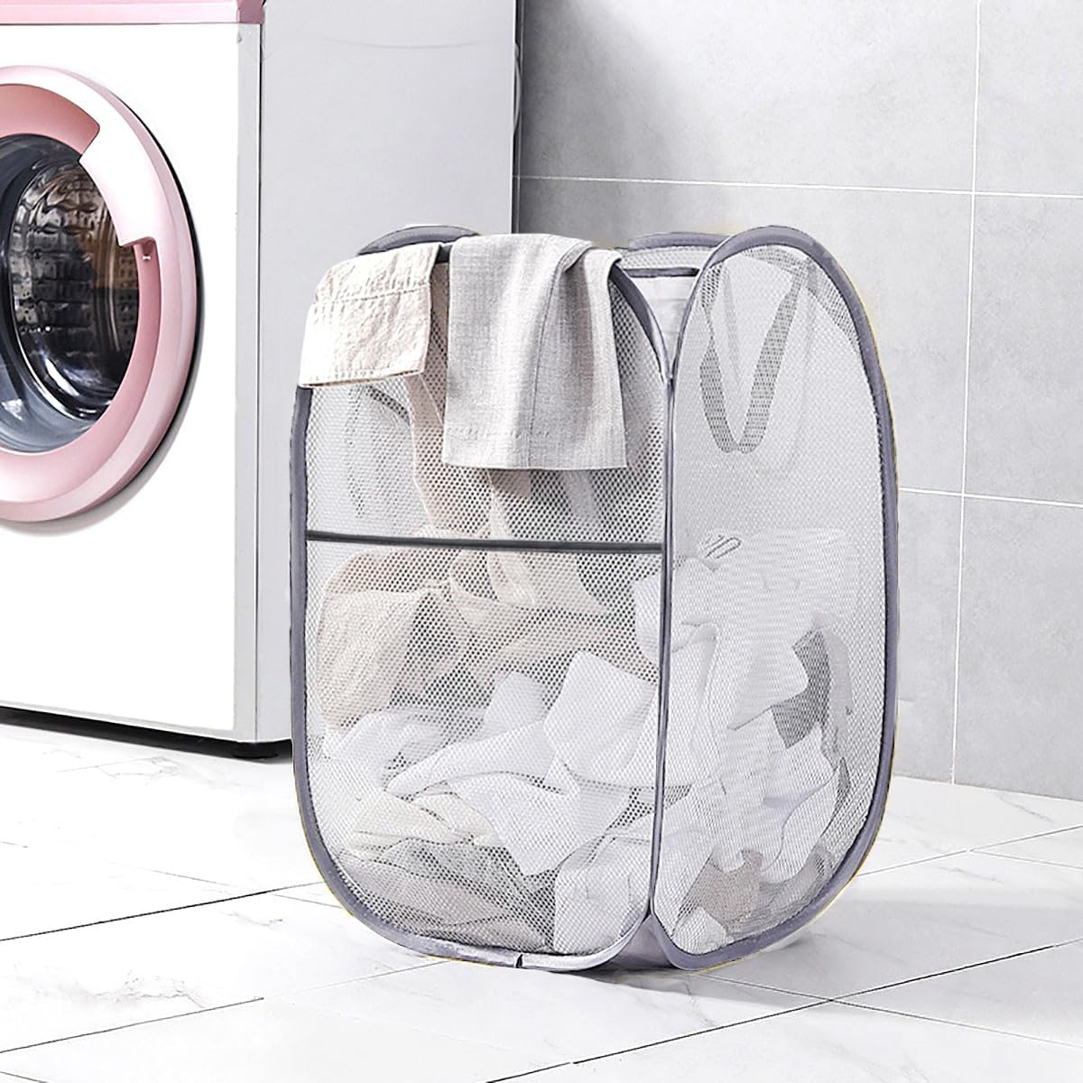 2 Pcs Popup Mesh Laundry Baskets, Collapsible and Portable Clothes Washing Laundry Hampers with Reinforced Carry Handles, Gray Clothes Hamper for Home, Travel, College Dorm