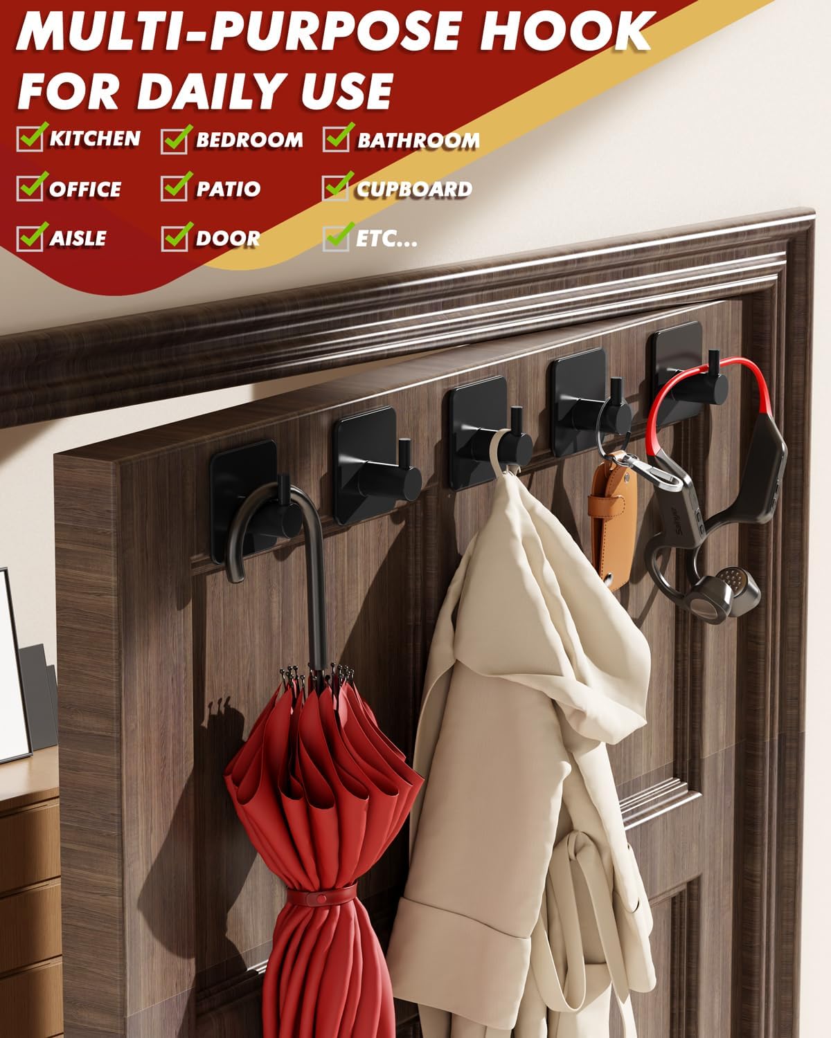 Adhesive Hooks Heavy Duty 22lb(Max) Towel Hooks for Shower, 5 Pack Self Adhesive Damage Free Wall Hooks, Stainless Steel for Coat Robe, Waterproof Oilproof Rustproof for Bathroom Kitchen Office
