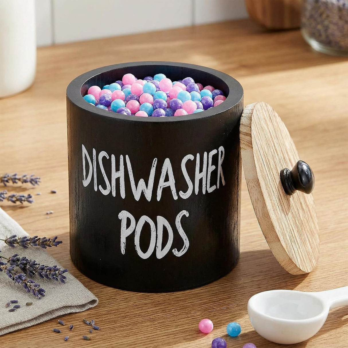 2 Pack Dishwasher Pod Container, Wood Tablet Holder with Lid, Round Laundry Pods Dispenser, Farmhouse Detergent Tin Organizer for Home Kitchen Cabinet Decor, Holds 25 pods