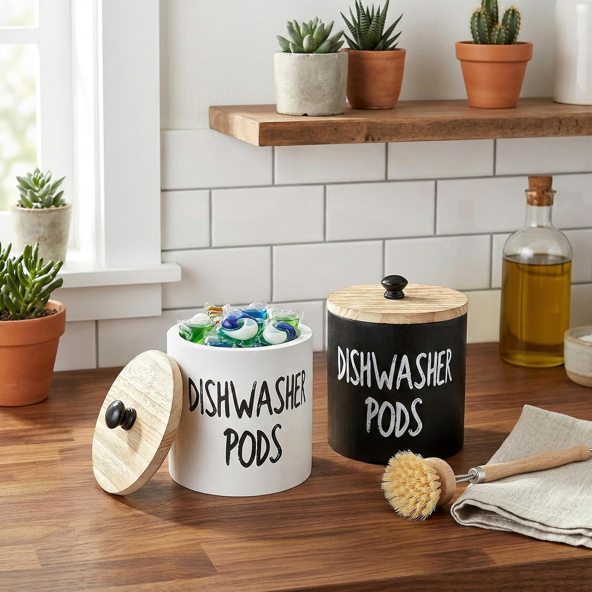 2 Pack Dishwasher Pod Container, Wood Tablet Holder with Lid, Round Laundry Pods Dispenser, Farmhouse Detergent Tin Organizer for Home Kitchen Cabinet Decor, Holds 25 pods